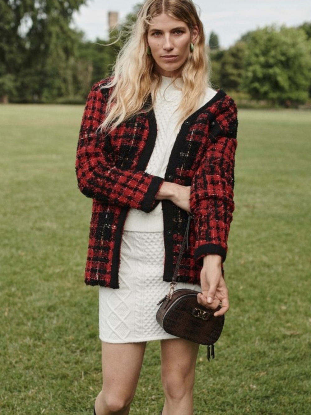 Mango oversized Red and Black Plaid tweed Bouclé Blazer jacket
